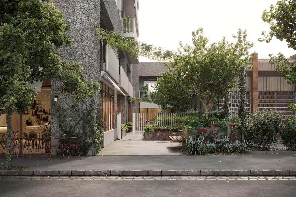 A 3D render of a gray concrete, modern building with trees surrounding and concrete road